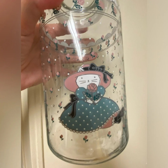 Vintage 1988 CHD Anchor Hocking Country Cat Glass Jar Canister Kitty Rose Lace - Picture 10 of 12